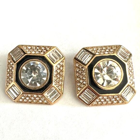 Designer 1980's Black Enamel & White Crystal Rhinestone Clip Earrings - Picture 6 of 6